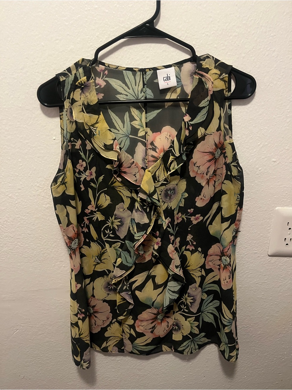 Cabi Black Floral Ruffle Camisole with Pastel Blooms